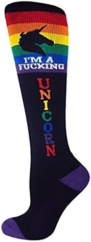 MOXY Socks Rainbow Unicorn Knee High Athletic Socks, Black Cotton Blend Stretch Tube Socks, Stay-Up Ribbed Cuff, 3 Pairs
