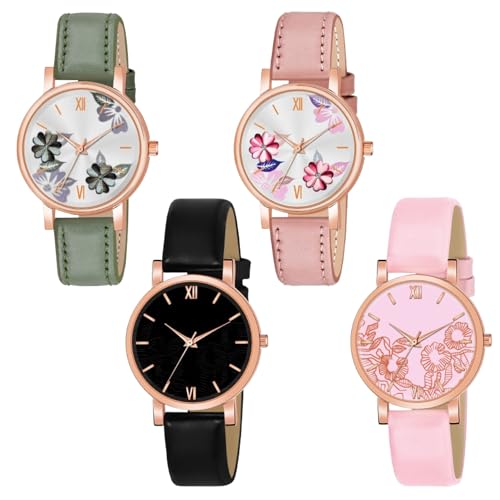 Image of Multicolor Flower Dial Leather Strap Gifts for Women Formal Girl's and Women's Watch Women's Analog Combo Watch for Women (Pack of 4)