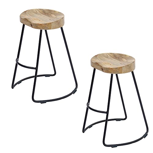 Butaco Industrial Ela de 30 pulgadas de Madera de Mango y Hierro Negro, Asiento Silla de Cuero Natural Marrón, Juego de 2, para Cocina, Comedor y Decoración del Hogar