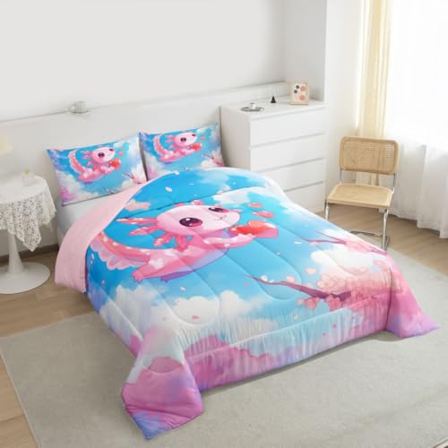 Image of Feelyou Cute Axolotl Bedding Set Cherry Blossoms Girls Comforter Set for Kids Teens Cartoon Salamander Ultra Soft Comforter Kawaii Ocean Sealife Duvet Set Room Decor Full Size Quilt Set