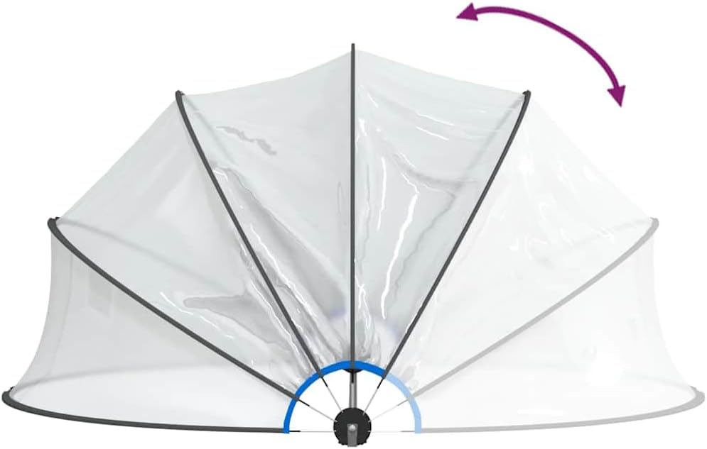 Diagram illustrating the opening mechanism of the pool dome, showing it retracting from a closed position to an open position.