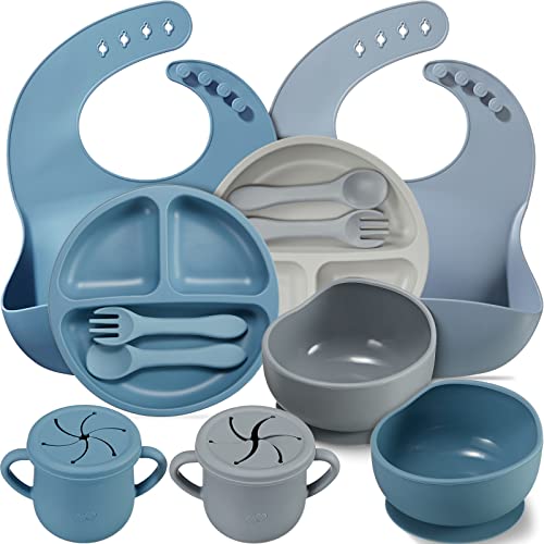 Image of 14 Pack Baby Feeding Set, Silicone Baby Led Weaning Feeding Supplies with Suction Bowl Divided Plate Adjustable Bib Soft Spoon Fork Snack Cup with Lid Drinking Cup, Utensil (Blue, Grey)