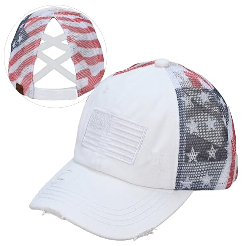 C.C Womens Criss-Cross Ponytail Baseball Cap Embroidered Cotton Front American Flag Mesh Back Adjustable Velcro (US Alpha One Size White)