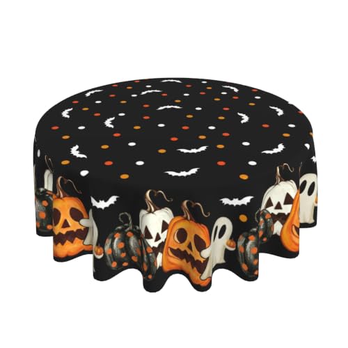 Image of Halloween Round Tablecloth with Pumpkins, Ghosts and Bats | Jack-O-Lantern Print, Polka Dot Pattern, Black Background, Festive Table Cover, Holiday Decor