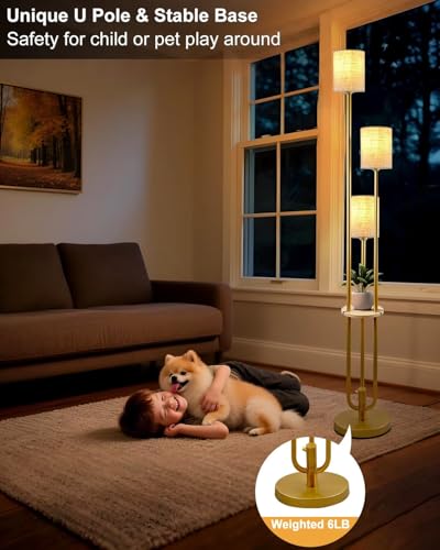 Image of 63 inch Rattan Floor Lamp, 3-Light Gold Standing Lamp with Shelf, Dimmable Mid Century Modern Tall Lamp, 3000K E LED Bulbs Included, Industrial Boho Floor Lamps for Living Room Bedroom Office