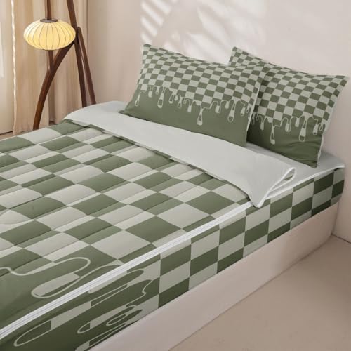 Image of Beige Sage Green Checkered Soft Zipper Bedding Set Twin,Skin-Friendly Checkerboard Drip Quilted Comforter with Fitted Sheet & Pillowcases,Grunge Aesthetic Geometric Lightweight All Season Bed in a Bag