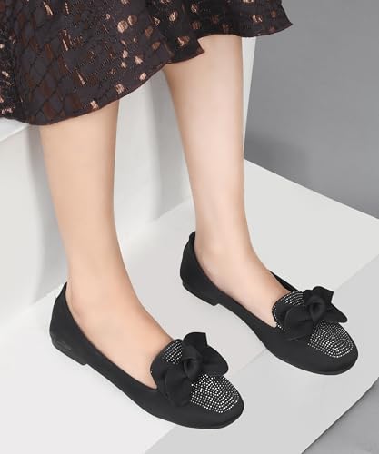 Image of JM LOOKS Crystal Studded Loafer Flats Featuring Elegant Double Layered Bow and Modern Square Toe