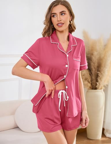 Image of Pajama Set for Women 2 Piece Sleepwear Short Sleeve Button Down Pj | Cotton Loungewear Shorts Set,Sexy Classic Notch Collar Sleep Wear,Lounge Set for Sleeping,Wedding Bridal,Pajama Party