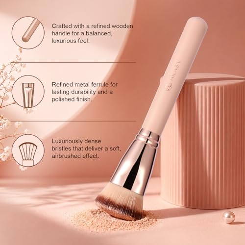 Image of Flat Top Foundation Brush for Liquid, Cream and Powder Foundation, Dense Makeup Brush for Buffing, Stippling, Concealer and Contour, Pink Handle Rose Gold Ferrule