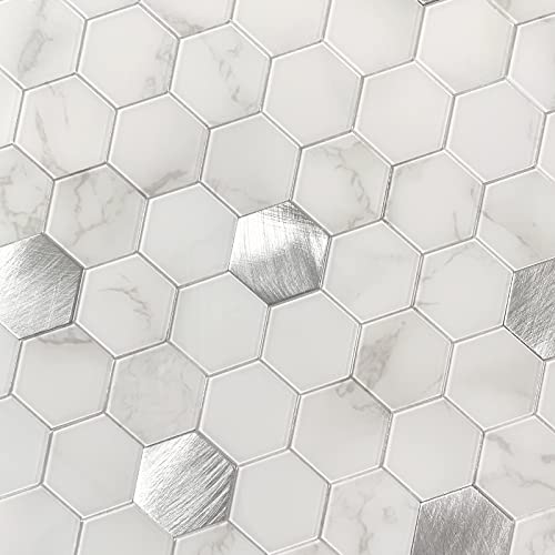 BeNice Peel and Stick Backsplash Kitchen Tile,Shower Backsplash Shower Tiles Peel and Stick Waterproof Tile Stickers Peel and Stick Hexagon Tile Bathroom Stick Tiles (10sheets) Carrara Cream White