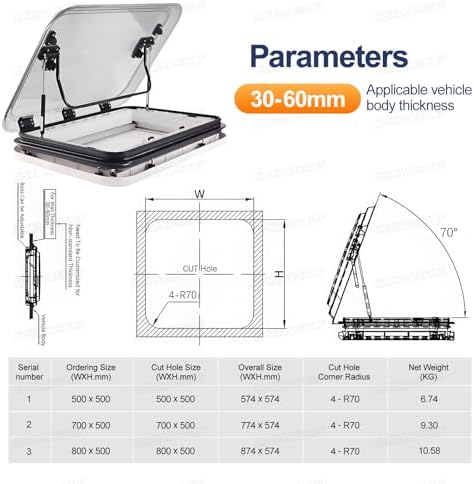 Large RV Skylight Roof Vent Hatch | 500x500mm Roof Window with LED Lighting | Push-Out Vent for Caravans, Trailers, & Modified Vehicles - Enhance Airflow & Natural Light