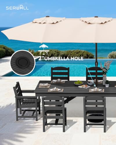 Image of SERWALL 9 Piece 84 inch HDPE Outdoor Dining Set with 6 Armless Chairs, 2 Armchairs and Umbrella Hole for 8, Black