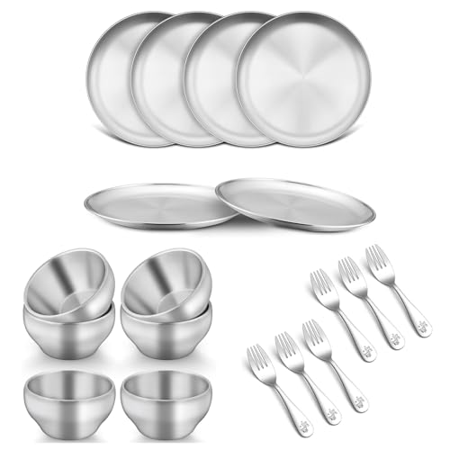 TeamFar 8 Inch Stainless Steel Kids Dinner Plates and Bowls with Toddler Forks, 18PCS(6 Plates + 6 Bowls + 6 Forks)