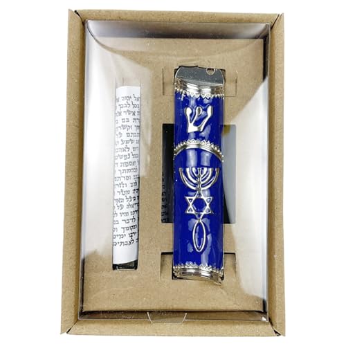 JDPRO LAND Jewish Mezuzah with Hebrew Symbols, Decorative Door Post Case Traditional Houseware (Blue Silver)