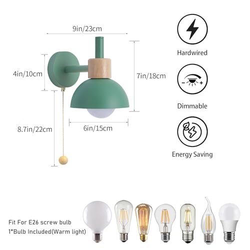 Image of Pull Chain Wall Sconce for Bedroom, Vintage Bedside Wall Lamp with E26 Socket, Wall Lighting for Kids Room Hallway Boys Girls (Green)