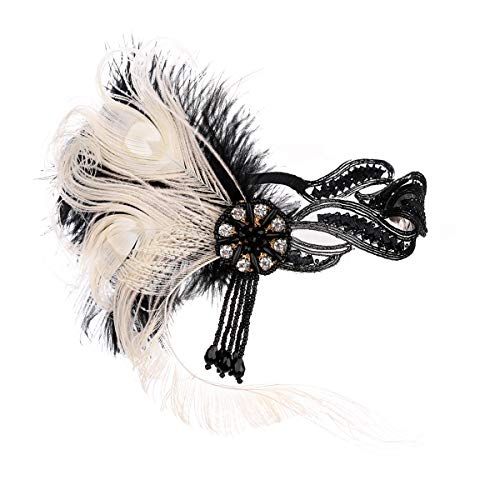 JISEN 1920s Flapper Vintage Peacock Feather Gatsby Beaded Tassel Headpiece White