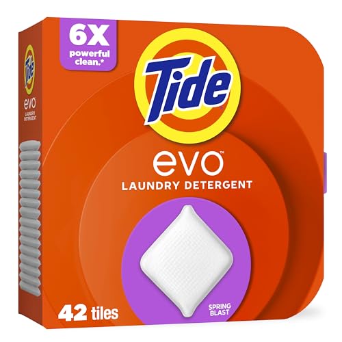Tide evo Spring Blast Scent Laundry Detergent Fiber Tiles Works on 100% of Common Stains Safe for All Machines and Water Conditions Concentrated HE Compatible Clean and Instant Dissolve, 42 Count