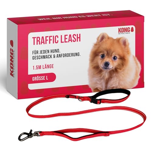 KONG Hundeleine in 1,5m Länge I Für große Hunde bis 50kg I Größe L I verkehrssichere Leine Hund in rot I Führleine reflektierend mit 2 gepolsterten Handschlaufen & robusten Karabinerhaken