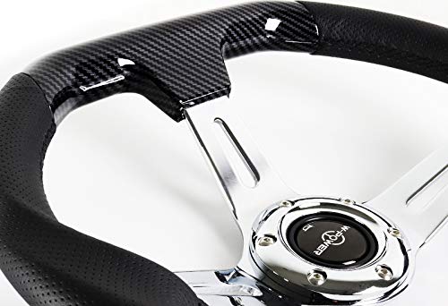 W-Power, 13.5" Universal 343Mm 6 Bolt Hole Deep Dish Carbon Fiber Wood With Aluminum Polished Black Leather Grip Steering Wheel, Black Horn Button Jdm Euro Vip Style, Silver 3-Spoke #TOP1