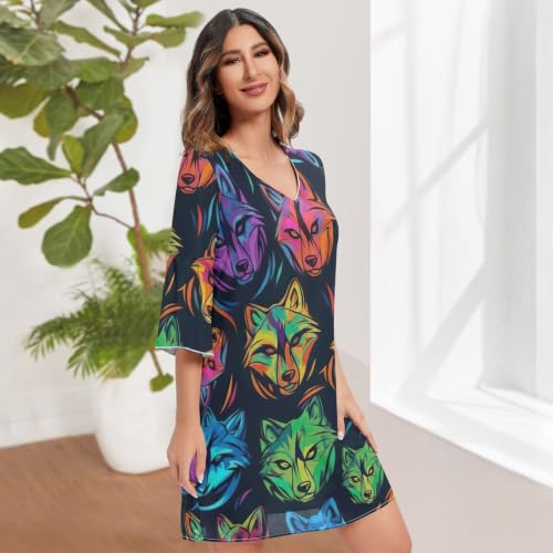 Robe courte loup abstrait néon coupe hawaïenne tendance été