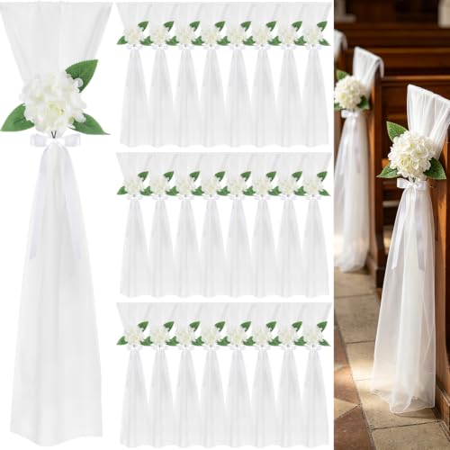 Nlicrst 24 Set Wedding Aisle Chair Decorations Pew Decorations for Weddings with Chiffon Sashes Satin Ribbon & Artificial Hydrangea Flowers Wedding Decor for Ceremony Reception Party Church