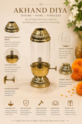 Image of K.N Creation Brass Akhand Diya with Adjustable Bati, Jyoti Wick Lifting Screw Lever, Akhanda Jyothi Deepam, Borosilicate Glass Cover for Pooja(Medium- 160 ml,Oil Capacity, Long Lasting 36 Hours)