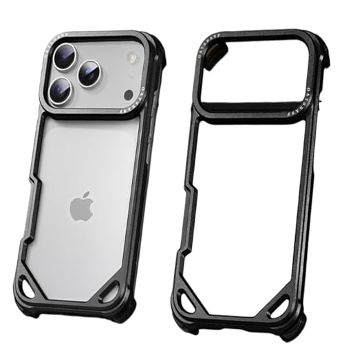 IPhone 17 Pro Max / 17 Pro / 17 Air 用 メタルバンパーケース 薄型 アルミ合金フレーム オープンデザイン 放熱構造 衝撃吸収 エアクッション 耐衝撃 保護フレーム スリム軽量 カメラ保護(Black,17 Pro Max
