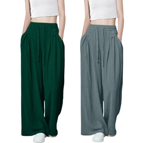 Image of GRECIILOOKS High Waist Polycotton Trousers for Women - Flared Parachute Pants with Side Pockets | Casual Travel Cargo Pants (Available in Plus Size and Value Pack)