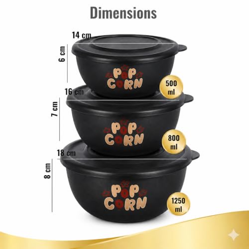 Image of Microwave Safe Stainless Steel Mixing Bowl Set with Lids - Set of 3 (500ml, 800ml, 1250ml) - Euro Style Food Storage Containers Classic Popcorn