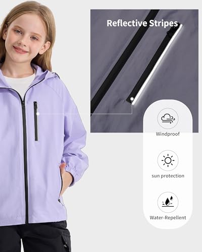 Image of Rolanko Girls Rain Jacket Lightweight Waterproof Hooded Kids Raincoat 6-16 | Kids Windbreaker, Water-Repellent, Sealed Zip Pockets, Reflective Strips, Extended Hood, Outdoor, School Daily, Travel