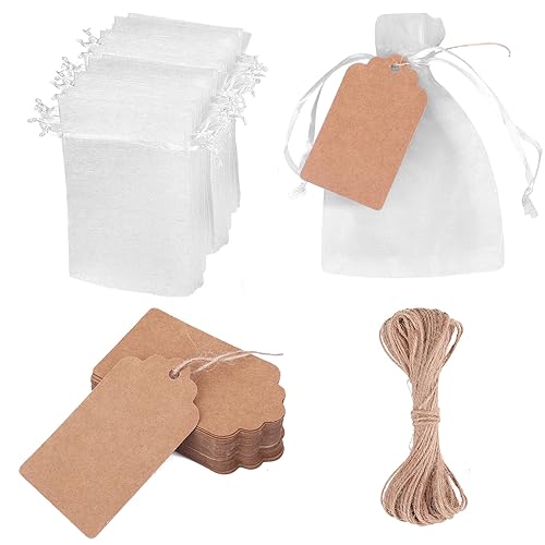 DesertBoy 201 Piezas Bolsa de Organza Blanco Bolsas de Organza de Regalo con Cordón Bolsa de Joyería de Organza con Etiquetas de Papel Kraft y Cuerda de Yute para Joyas para una Boda Fiestas Regalos