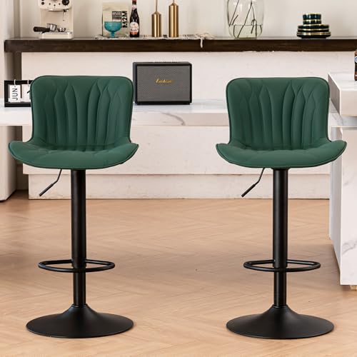 Image of Bar Stools Set of 2 Modern Kitchen Counter Chairs Barstools Dark Green | Faux leather upholstered island chairs with backs & metal base. Swive Adjustable Height, easy to clean & load 300 lbs