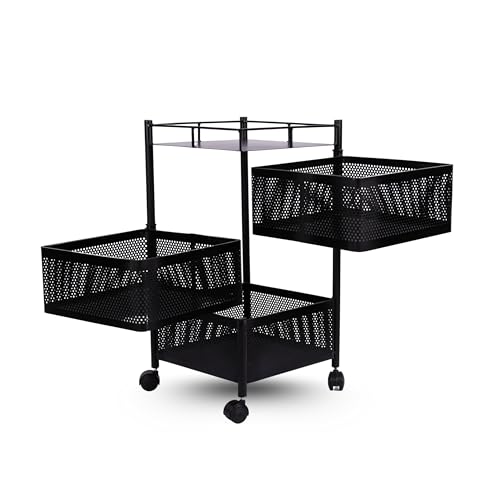 Image of KITCHIVO Kitchen Storage Rack | Revolving Vegetable Rack | Square Multipurpose Storage Trolley with Wheels | Metal Fruit Rack (Black, 3 Layer)