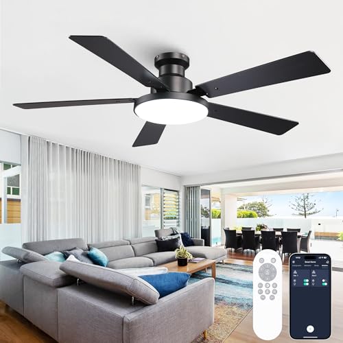 Image of 52 Inch Low Profile Black Ceiling Fan with Lights, Smart Remote /APP