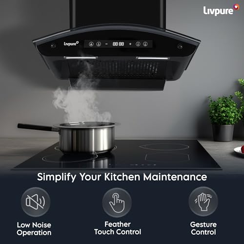 Image of Livpure Invicto 60 cm | Curved Glass | 1400 m /hr Suction | BLDC Motor | Filterless | Touch & Gesture Control | Low Noise | 10 Years Motor + 2 Years Comprehensive Warranty | Black