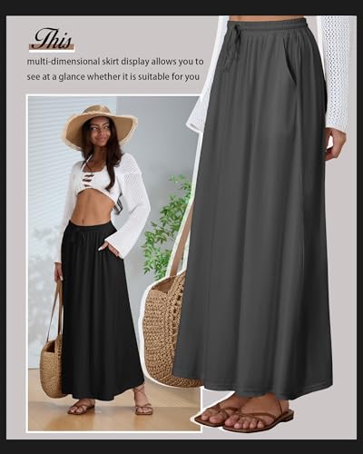 Ficerd 3 Pack Women's Maxi Long Skirts, Ankle Length a Line Elastic High Waist Summer Casual Drawstring Skirts with Pockets2