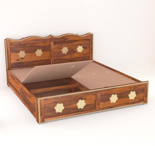 Image of Wooden King Size Bed with Storage | Double Bed Cot Bed with Box Storage and Traditional Brass Work for Bedroom & Hotel | Sheesham Wood | Honey Finish | Recommended Mattress Size: 78 X 72