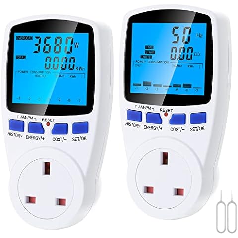 Power Meter Plug Energy Monitor - Seamuing 2pcs 13A Dual Tariffs Electricity Usage Monitor UK Plug Power Consumption kWh Watt Volt Amp Measure Electric Usage Meter for Home Hotel Cover