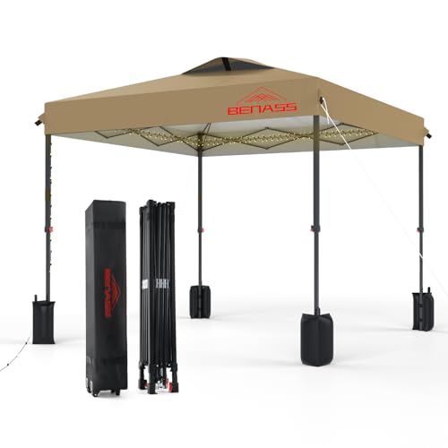 Benass 8x8 Pop Up Canopy, Easy Up Canopy Tent, Heavy Duty Tents for Parties, One Person Set Up Event Tent, Khaki