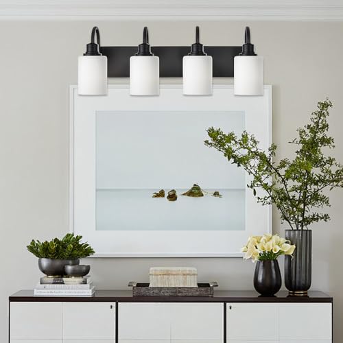 Image of 4 Light Vanity Light Fixture,Matte Black Wall Sconces Lighting with Opal White Glass Shade Metal Interior Bathroom Lights Over Mirror for Hallway Bedroom