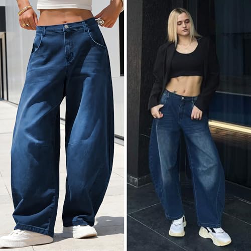Image of EXLURA Womens Barrel Jeans Wide Leg Y2K Boyfriend Denim Pants Hip Hop Vintage Baggy Jeans Cotton Mid-Low Elastic Waist Pants
