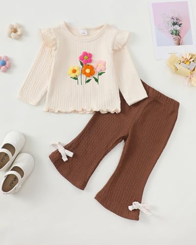 Kucnuzki Toddler Baby Girl Clothes Outfit Long Sleeve Ruffle T Shirt Top Bell Bottom Pants Two Piece Fall Winter Outfits2