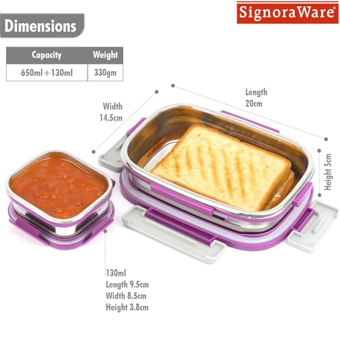 Image of SignoraWare Quickmeal Stainless Steel Small Lunch Box | Airtight & Leakproof | Portion Control | Easy to Carry | Ideal for Office, School, Kids & Travel (650ml + 130ml | Emagenta)