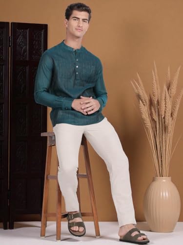 Image of KRYPTIC Men's Full Sleeve Regular Fit Short Kurta in Premium Pure Cotton with Patch Pocket and Mandarin Collar - Perfect Blend of Style and Comfort