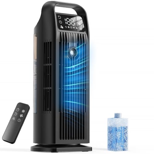 Image of Portable Air Conditioner, 4 in 1 Evaporative Air Cooler with Remote Control, 1200ML Water Tank, 120 Oscillating, 4 Speeds, 12H Timer, Mist Spray Tower Fan for Home Office, Black