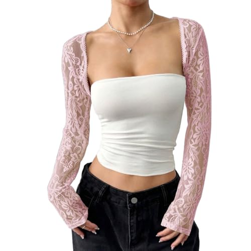 Women Sexy Sheer Mesh Lace Open Front Crop Bolero Summer Solid Slim Fit Long Sleeve See Through Cropped Shrugs