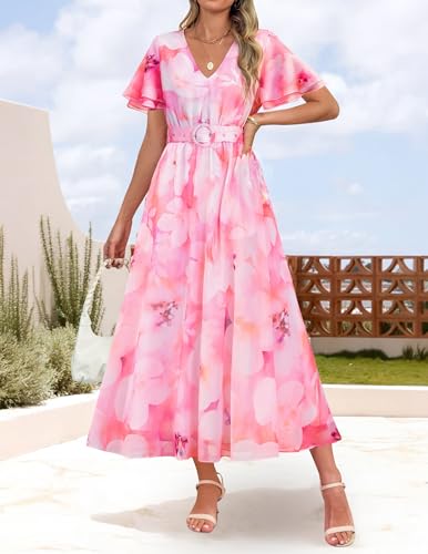 ZESICA Women's 2025 Summer Floral V Neck Midi Dress Boho Short Sleeve High Waist Flowy Beach Vacation Dresses with Belt3