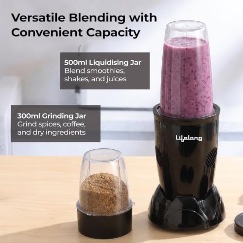Image of Lifelong Nutri Blender with 2 Jars (500ml & 300ml)| 450W Motor, 3 Speed with Pulse, Dual SS Blades(2-Leaf & 4-Leaf), Dual Lids(Sprinkler & Solid)|Compact Mixer, Juicer & Grinder for Smoothie & Chutney