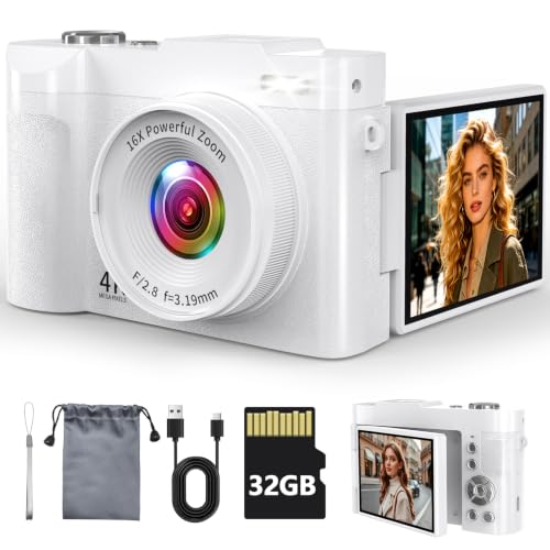 4K Digital Camera for Photography, 50MP Autofocus Point and Shoot Camera with 180° Flip Screen, 16X Zoom Compact Vlogging Camera for YouTube, Travel Camera with 32GB SD Card, White - image 1