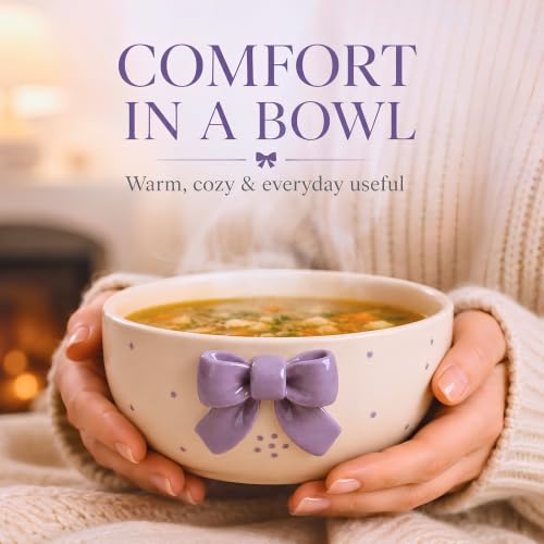 Image of Ceramic Bowl, 3D Lavender Bow Design, 450 ml, Set of 1, Lavender and White, Microwave Safe, Round, for Cereal, Pasta, Dessert, Noodle, Snack and Soup, 1 Ceramic Pasta Bowl